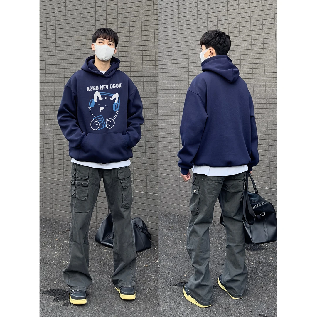 美式个性简约耳机狗印花连帽卫衣男女秋冬季休闲宽松情侣款上衣