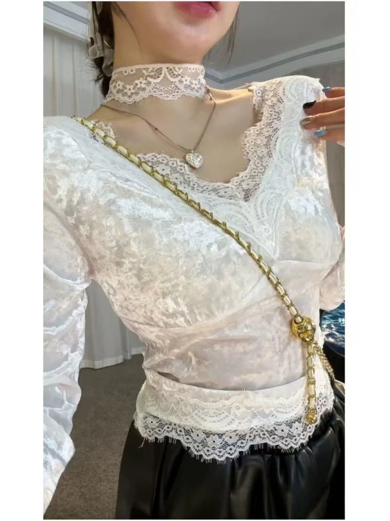 大脸喵 T恤女秋冬新款蕾丝拼接修身显瘦内搭打底上衣