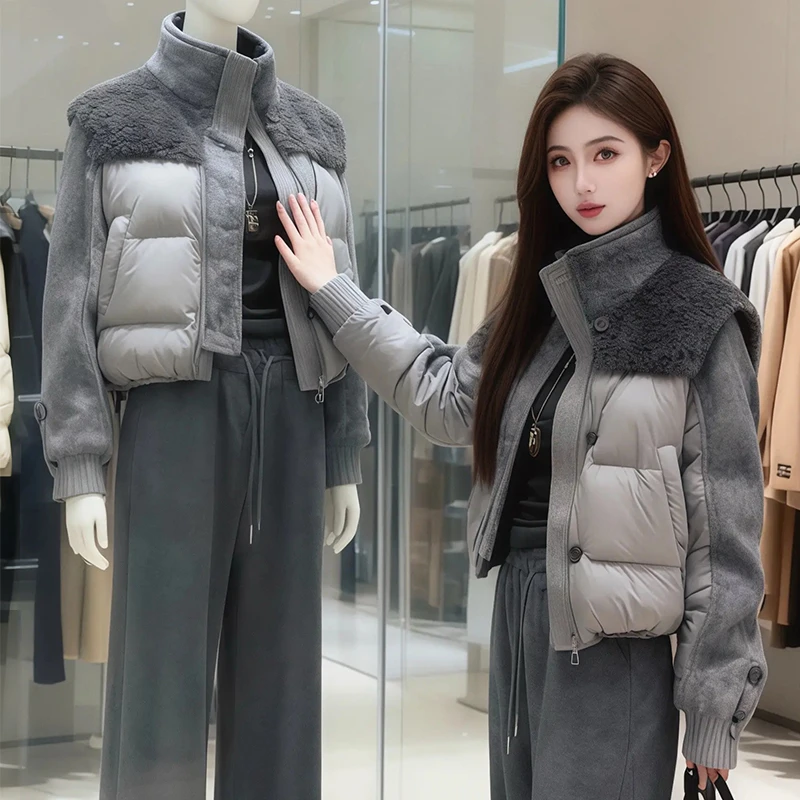 卡莲格/时尚宽松保暖棉衣外套女冬季新款立领拼接羽绒手塞棉棉服