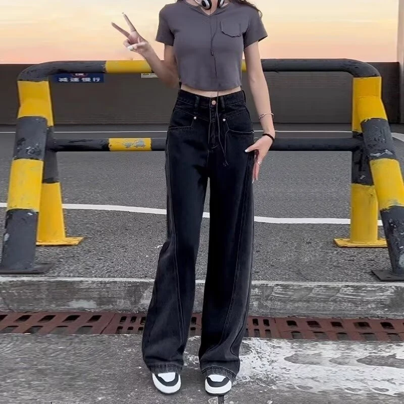 黑色拼接阔腿牛仔裤女春秋高腰显瘦小个子大码直筒裤子2025年新款