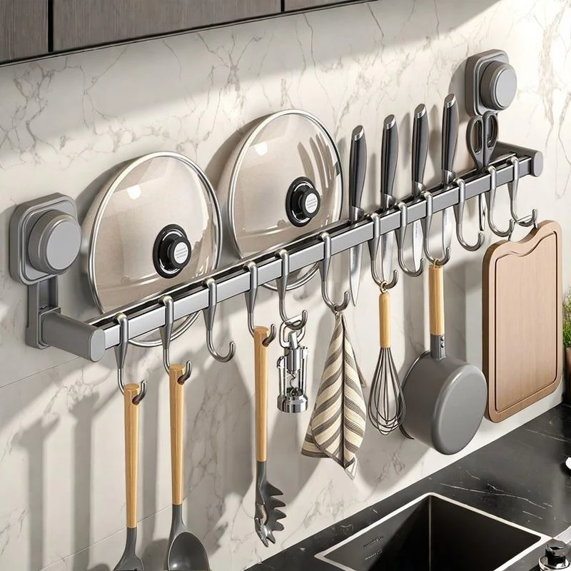 强力吸盘厨房挂钩挂杆刀架锅铲勺子刀具多功能置物架壁挂收纳架子