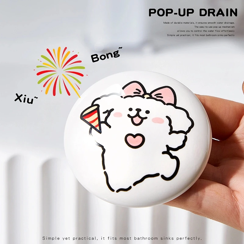 荞芬线条小狗陶瓷洗脸盆卫生间洗手池漏水塞洗脸盆下水器弹跳芯