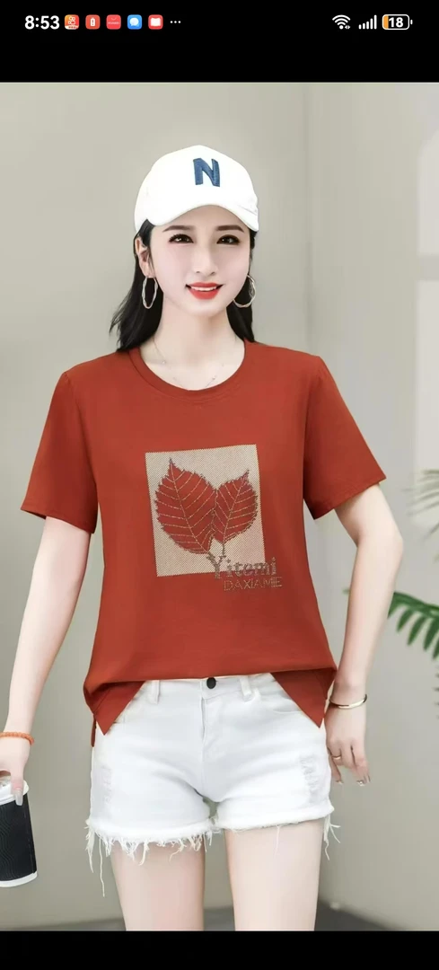 宽松夏季烫钻百搭速干3D印花短袖圆领T恤树叶花