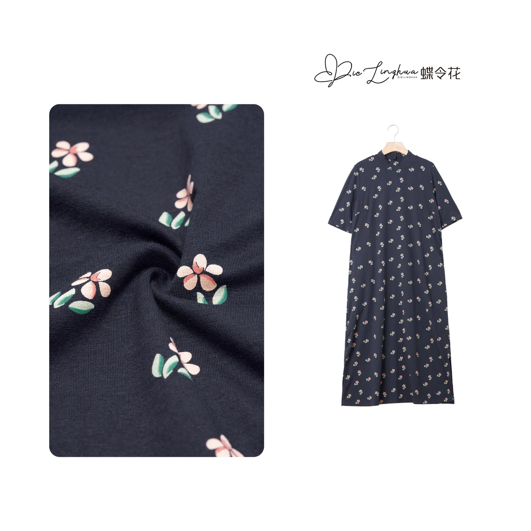 蝶令花夏季半高领柔软舒适长款五分袖连衣裙DX-23116