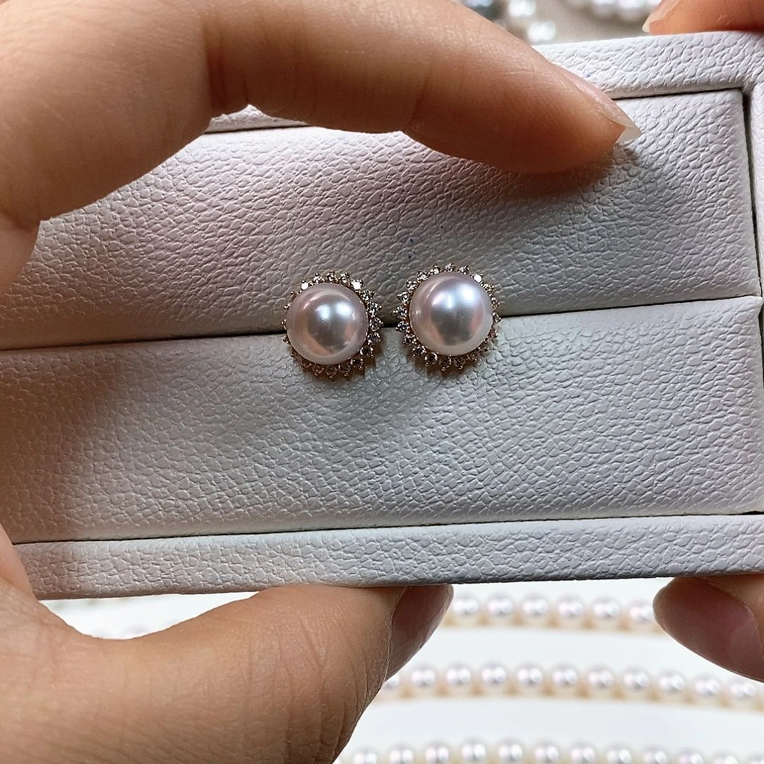 18K金镶嵌海水珍珠耳饰8.5-9mm日本海水珍珠耳环（天女）