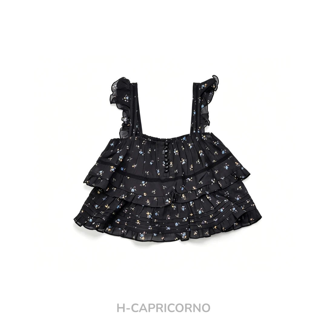 H-CAPRICORNO法式复古苎麻碎花女荷叶边设计感小众上衣吊带背心