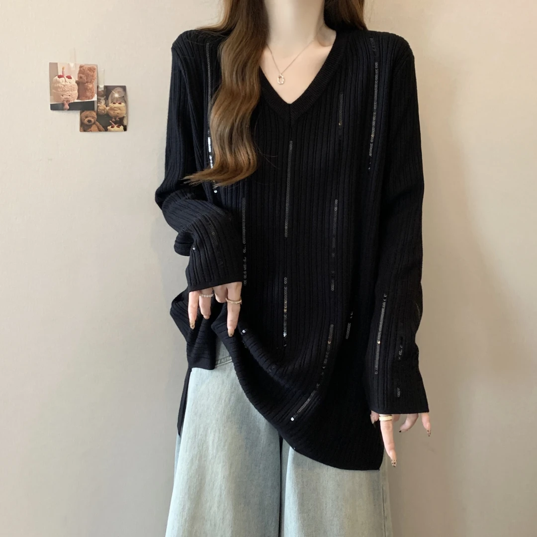 大码女装慵懒/休闲风V领亮片装饰宽松毛衣时尚侧边开衩长袖针织衫