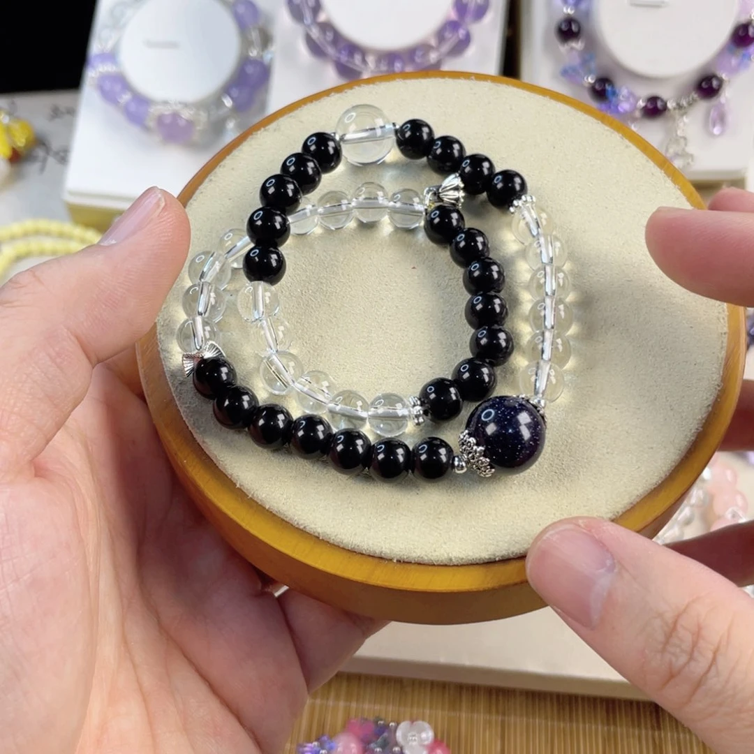 水晶手串银S800镀金镶嵌