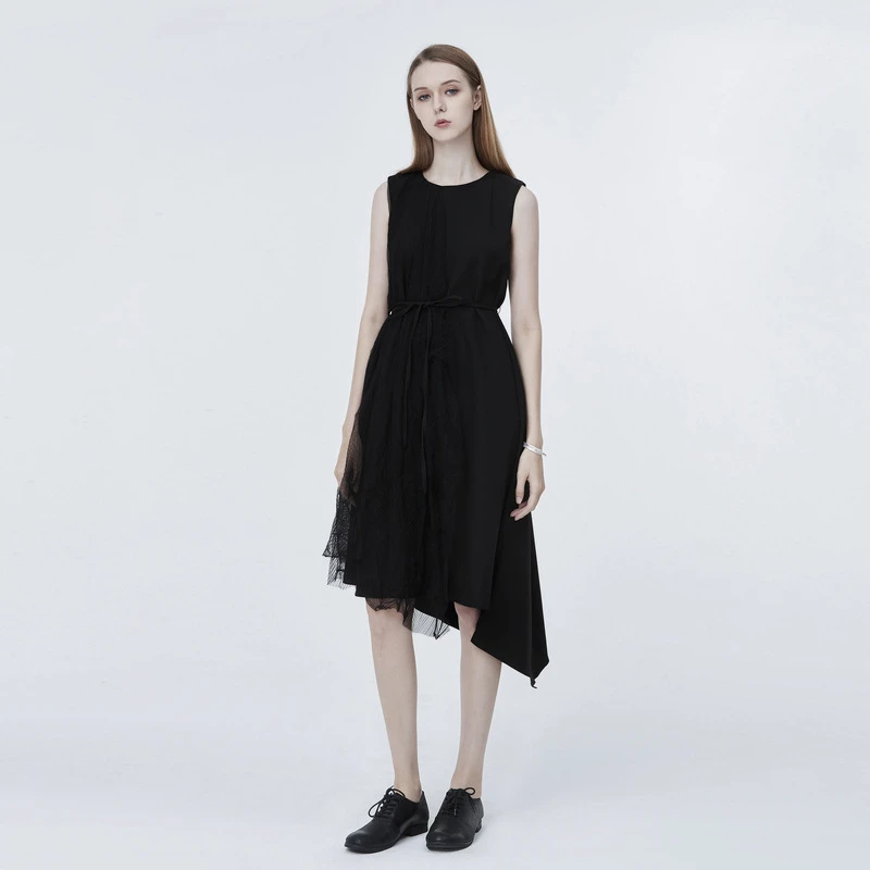 S·DEER圣迪奥女装网纱不规则气质肌理系带无袖连衣裙S20281284