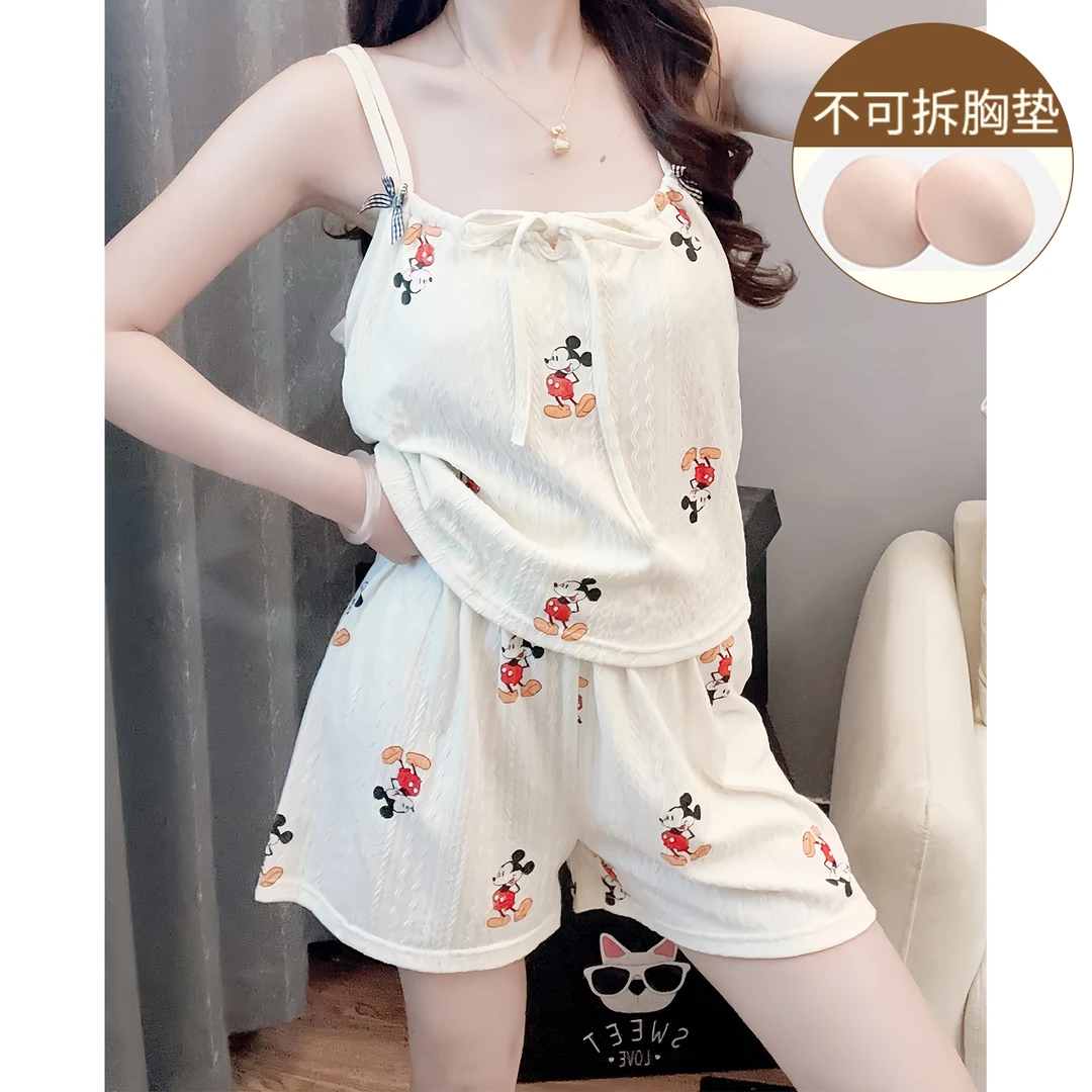 带胸垫睡衣女夏季吊带蝴蝶结纯棉2025新款小个子学生家居服套装