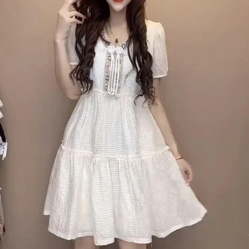 夏季新款V领收腰修身显瘦透气中长连衣裙时尚百搭