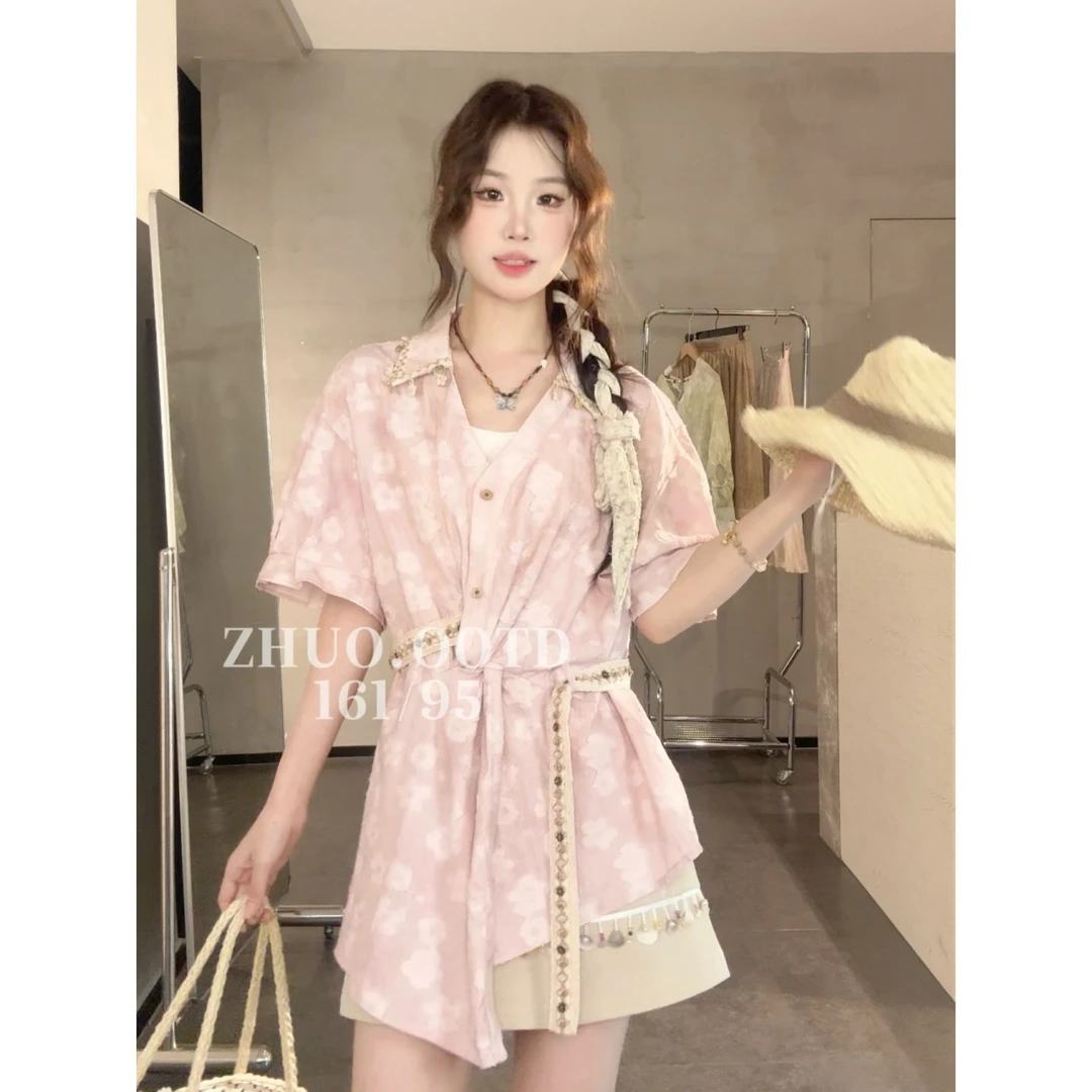 VGVL【晚樱】夏季新款粉色领口贝壳衬衫女20544