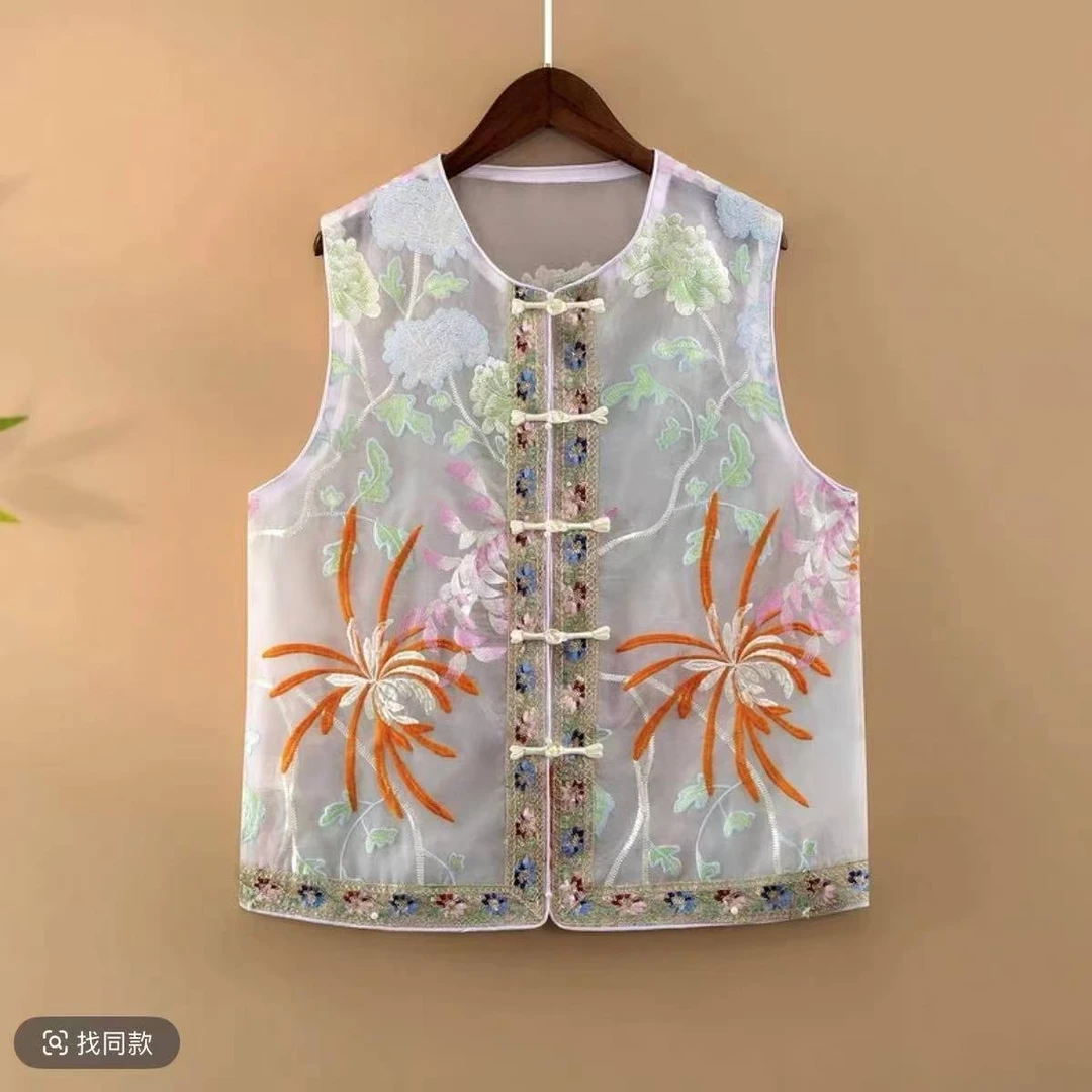 新中式国风刺绣马甲女2025新款气质马夹潮欧根纱背心外套坎肩无袖