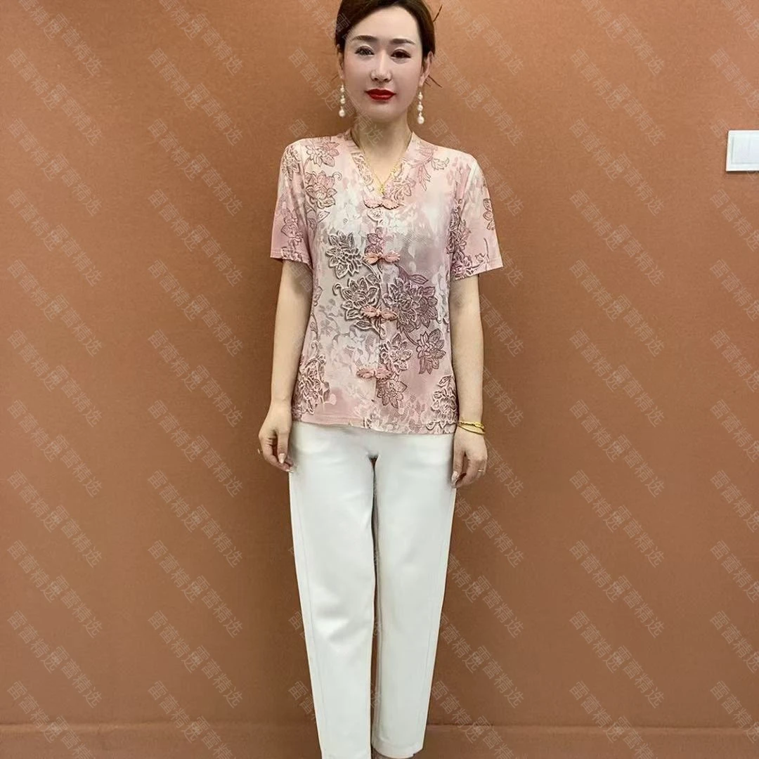 冰雪丝国风V领盘扣洋气短袖小衫夏季新款Z时尚印花中老年妈妈上衣