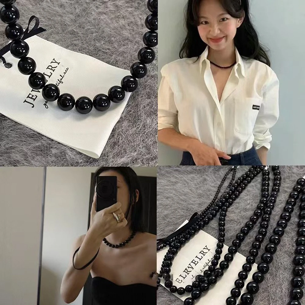 合金项链 fever同款黑串珠项链 适合叠戴 轻奢高级感锁骨链