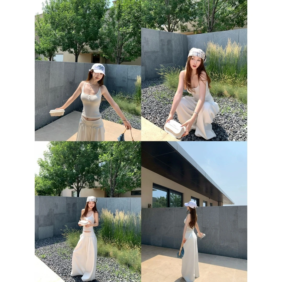 莫代尔U领修身吊带宽松百搭阔腿裤套装 80989