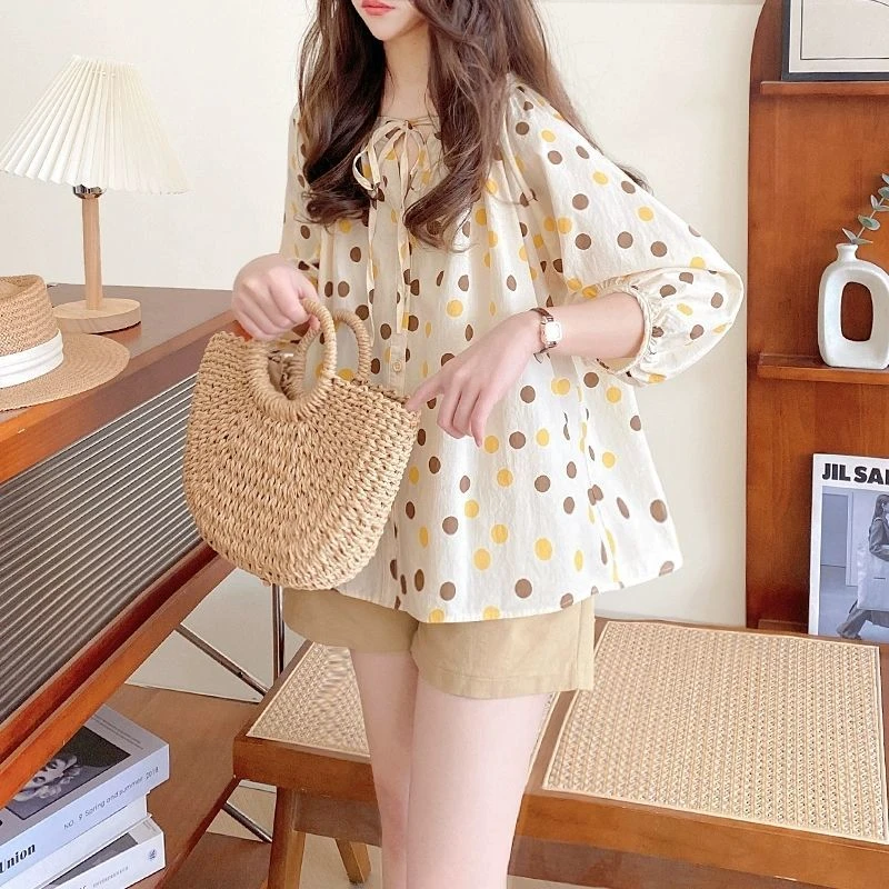 娃娃衫上衣女夏2025新款宽松韩版甜美圆领系带灯笼袖圆点棉质衬衫
