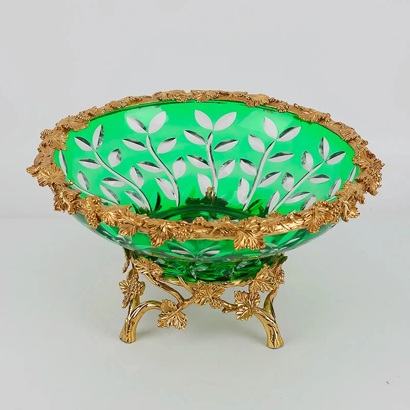 奢华欧式黄铜水晶玻璃果盘高档客厅艺术装饰品果斗WJ2202C