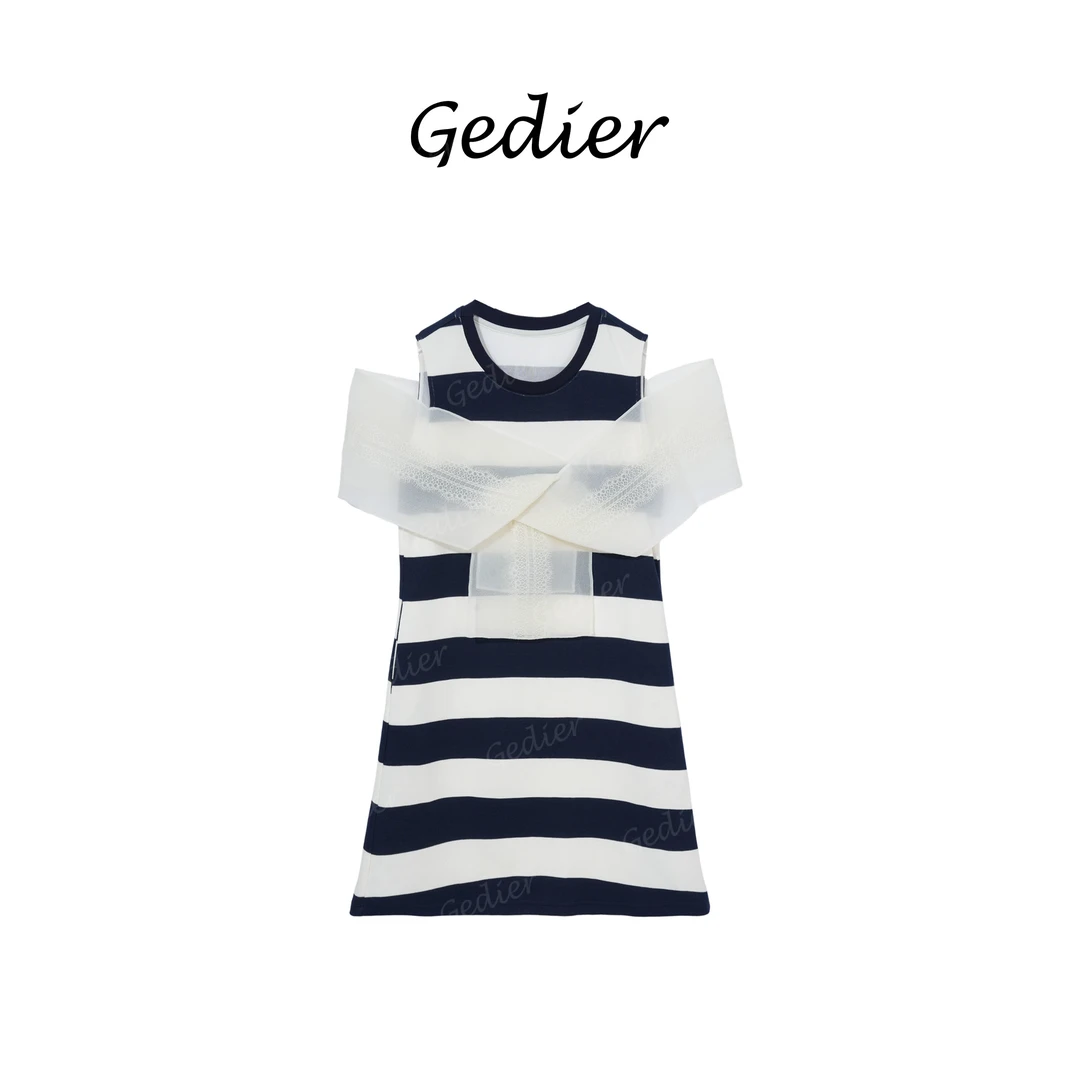 【歌蒂尔】设计款无袖露肩条纹连衣裙百搭显瘦遮肉裙子女 LG520680Y