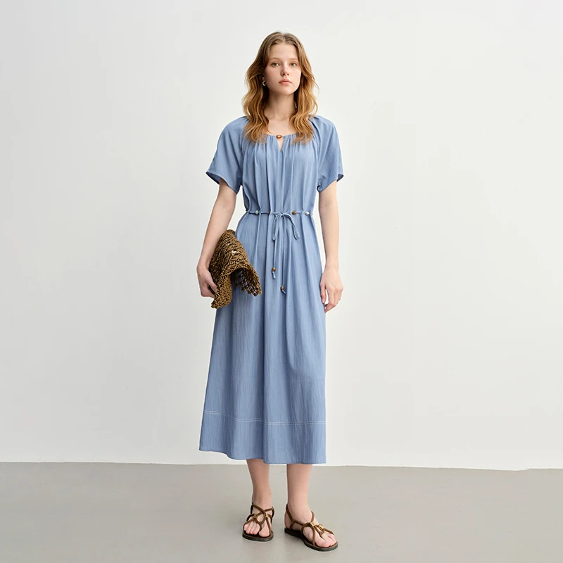 大码女装褶皱设计绑带串珠连衣裙时尚气质长裙25DS82931