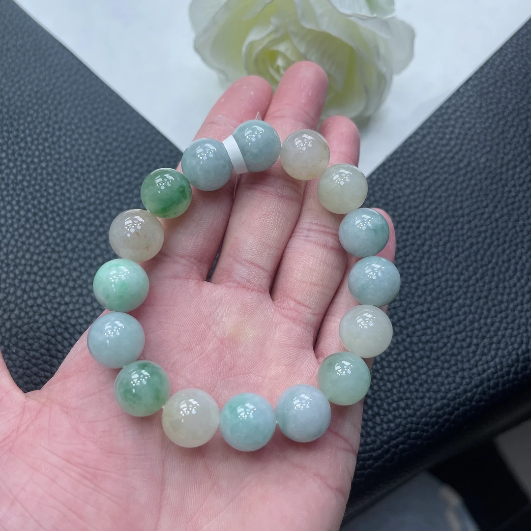 缅甸天然A货翡翠 多彩多宝DIY翡翠玉手串 16颗 卡13mm