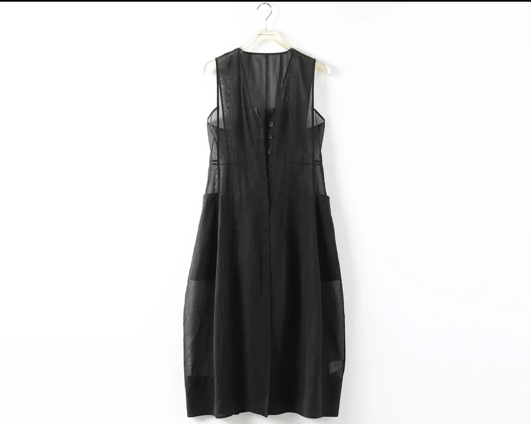 黑色蚕丝亚麻宽松裙性感设计感洋气