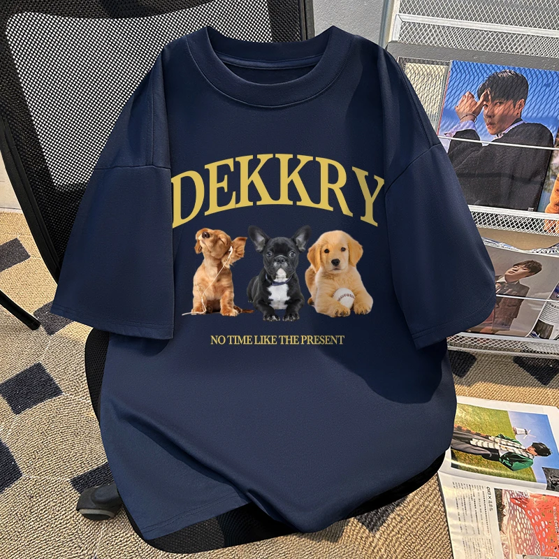 jtrt纯棉设计感小众修狗藏青色短袖T恤男女夏chic港味慵懒风上衣