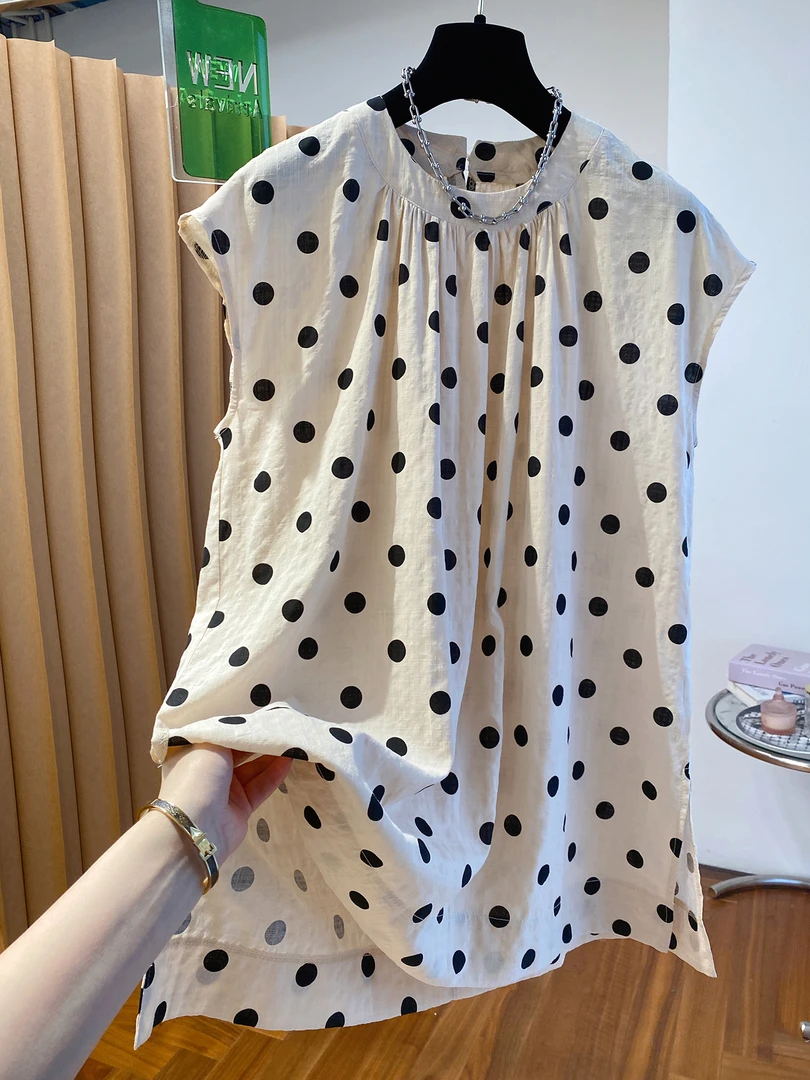 小飞袖波点衬衫女2025新款夏季宽松中长款超好看洋气小衫开叉上衣
