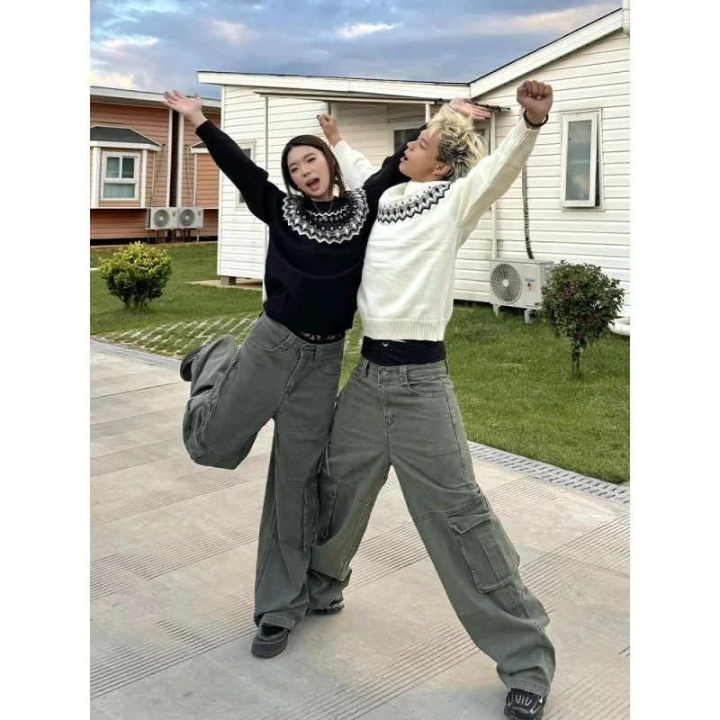 美式复古费尔岛圆领毛衣男款秋季小众提花针织衫美式复古连帽毛衣