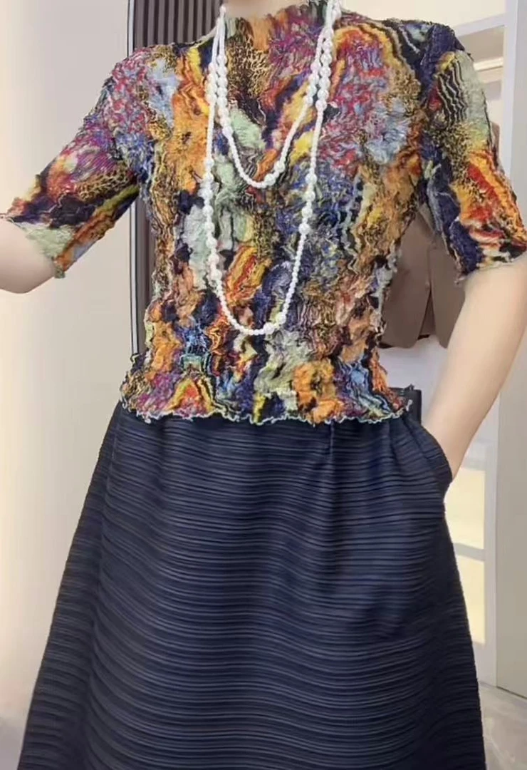 褶皱春夏季新款重工乱褶中袖高级感上衣晕染油画印花显瘦T恤