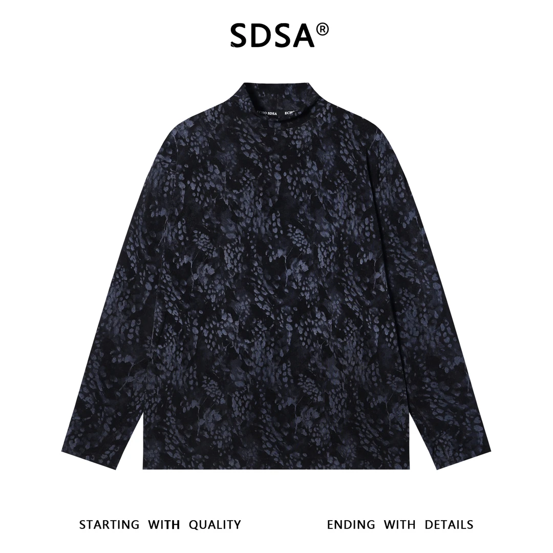 SDSA男士秋冬新款痞帅男装潮牌简约撞色豹纹半高领长袖T恤休闲潮