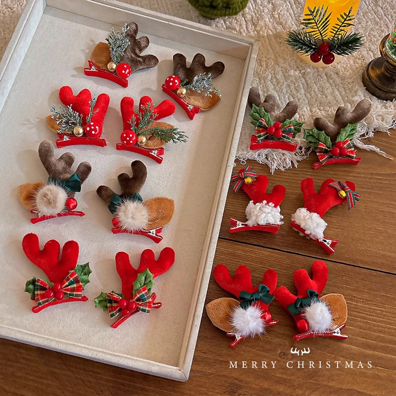 圣诞节蝴蝶结鹿角发夹女cos装扮拍照发卡儿童顶夹可爱鸭嘴夹头饰