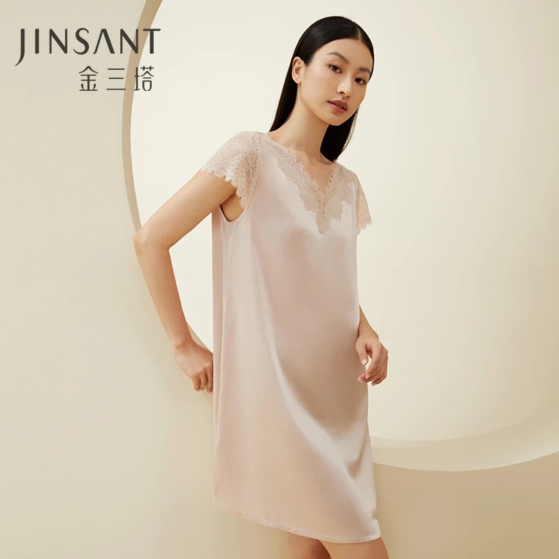 【金三塔官方】100%桑蚕丝真丝睡衣女夏 V领纯色蕾丝性感睡裙