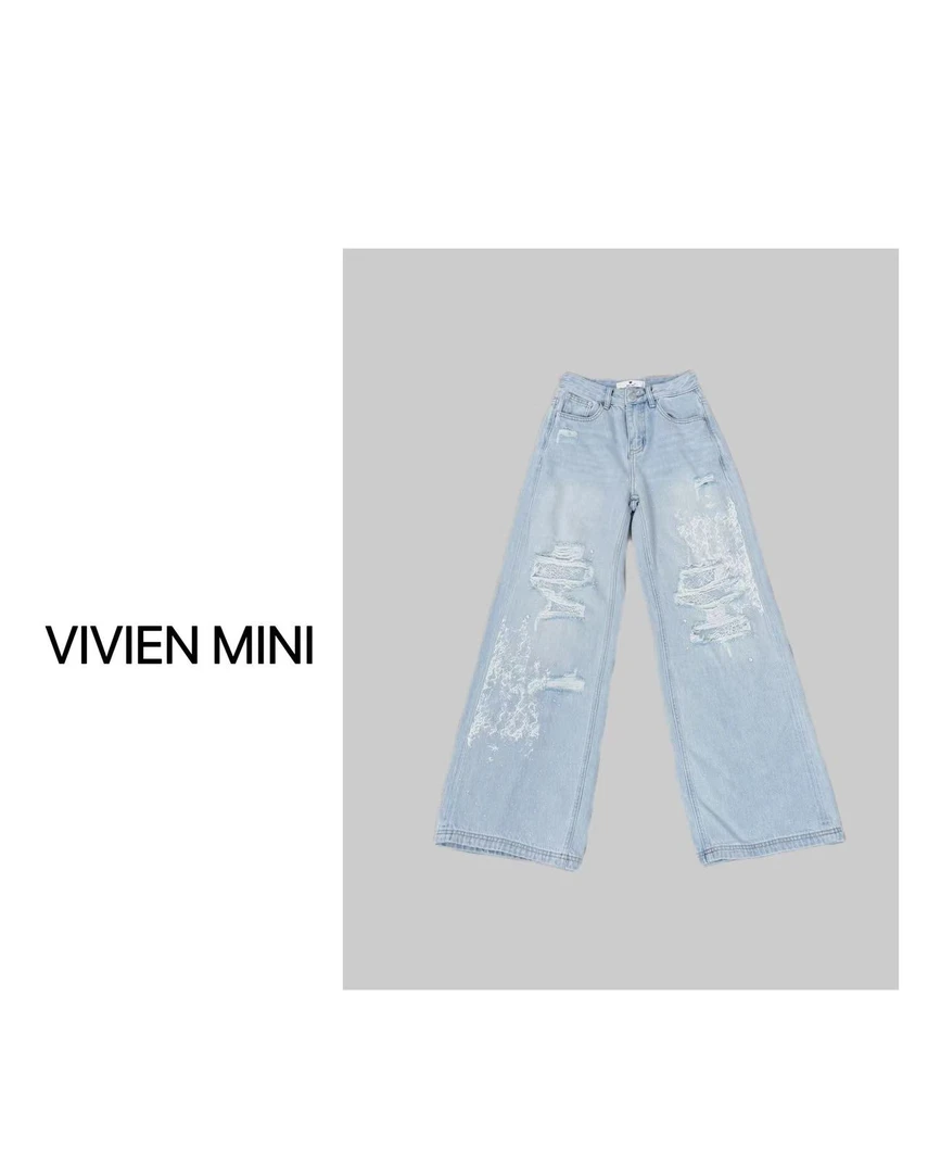 VIVIEN MINI【原创】新款蕾丝直筒时尚休闲复古牛仔裤