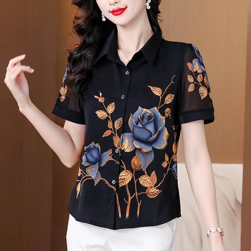 年轻妈妈衬衣2025新款印花衬衫夏季高端气质宽松洋气时尚短袖上衣