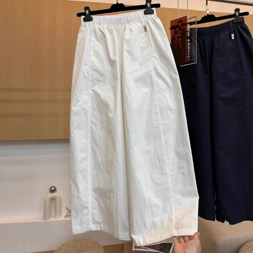 欧货高级感简约白色松紧高腰宽松直筒阔腿裤女夏季休闲弯刀九分裤