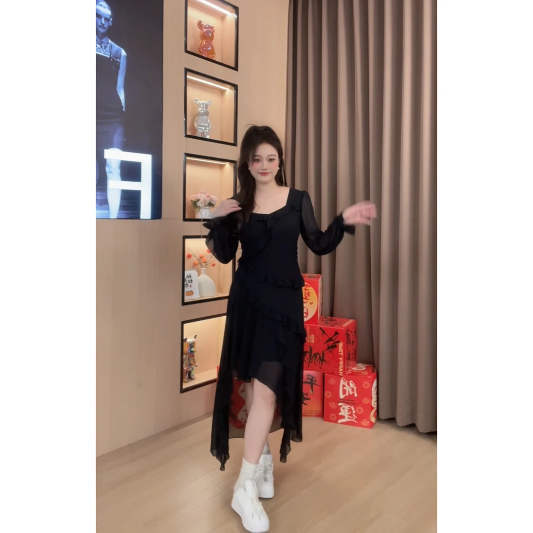 LuLu微胖定制【MQ011】气质显瘦遮肉方领木耳边连衣裙