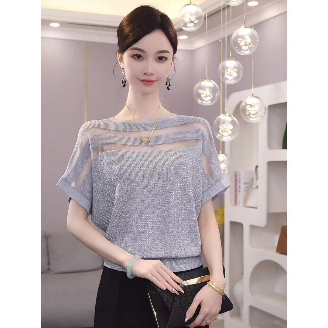 2025夏季新款【7742】薄款莱赛尔天丝灰色镂空气质圆领针织上衣女