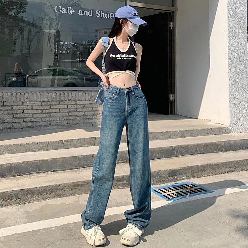 2024年阔腿牛仔裤女秋冬款新款宽松高腰拖地裤显瘦直筒长裤子