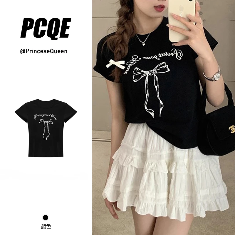 2025夏甜美蝴蝶结字母印花圆领T恤女休闲修身显瘦小个子正肩上衣