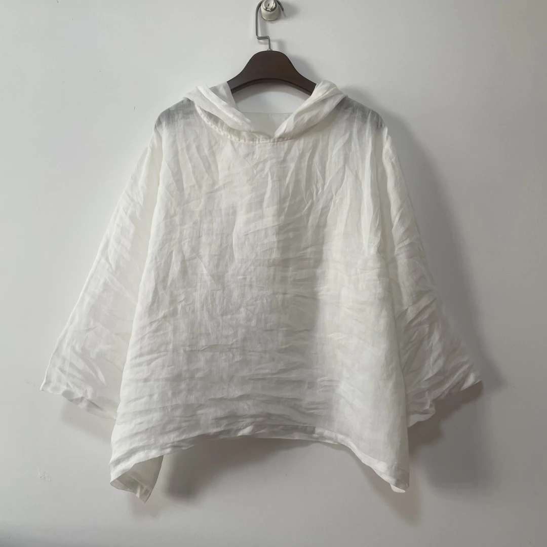 丽丽/苎麻宽松型休闲纯色衬衫连帽吸汗长袖白色女装夏季