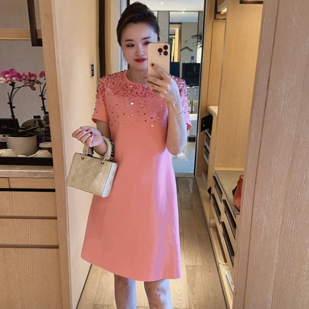 Crue Jiien 初婕夏季新款静奢钉珠圆领高雅气质小A摆连衣裙98479