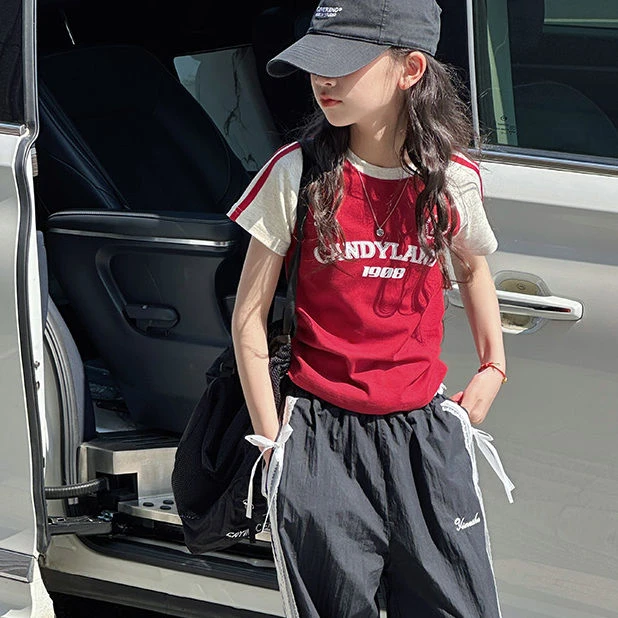 中大童纯棉短袖T恤2025夏季新款女童短款百搭ins风上衣儿童打底衫