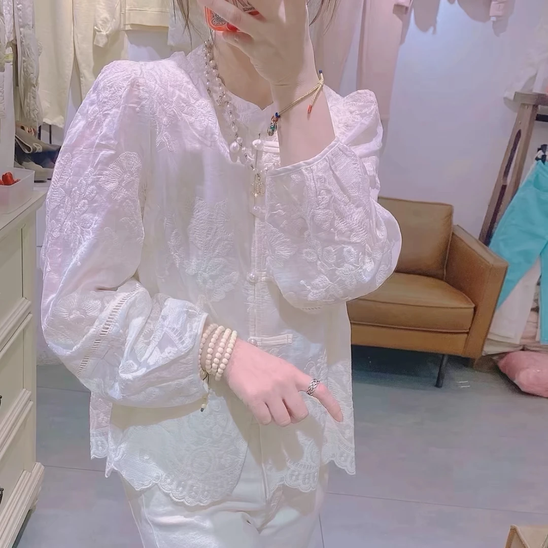 长袖小衫女春季新款重工国风盘扣开衫上衣时尚设计感提花打底衫潮