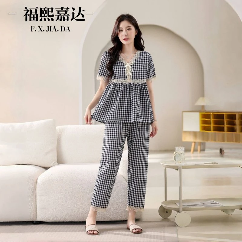 2025新款睡衣女棉布格子蕾丝花边时尚韩版减龄洋气宽松家居服套装