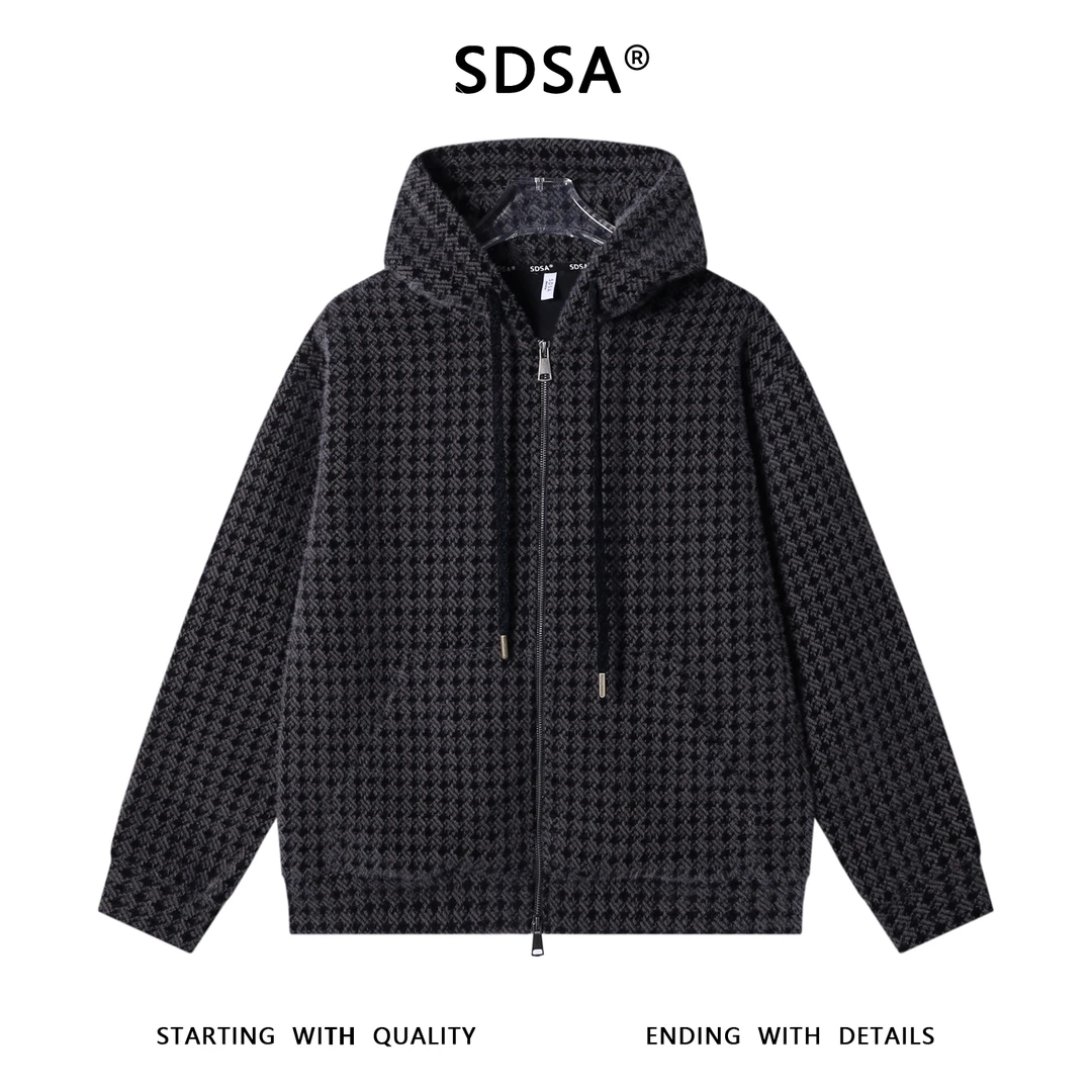 SDSA男士秋冬新款痞帅男装潮牌绒毛拉链开衫连帽卫衣暗纹百搭上衣