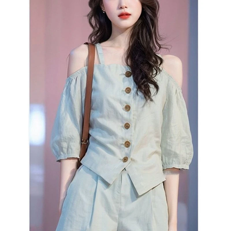 2025新款时尚夏装搭配一整套韩系独特绝美一字肩上衣短裤纯色套装