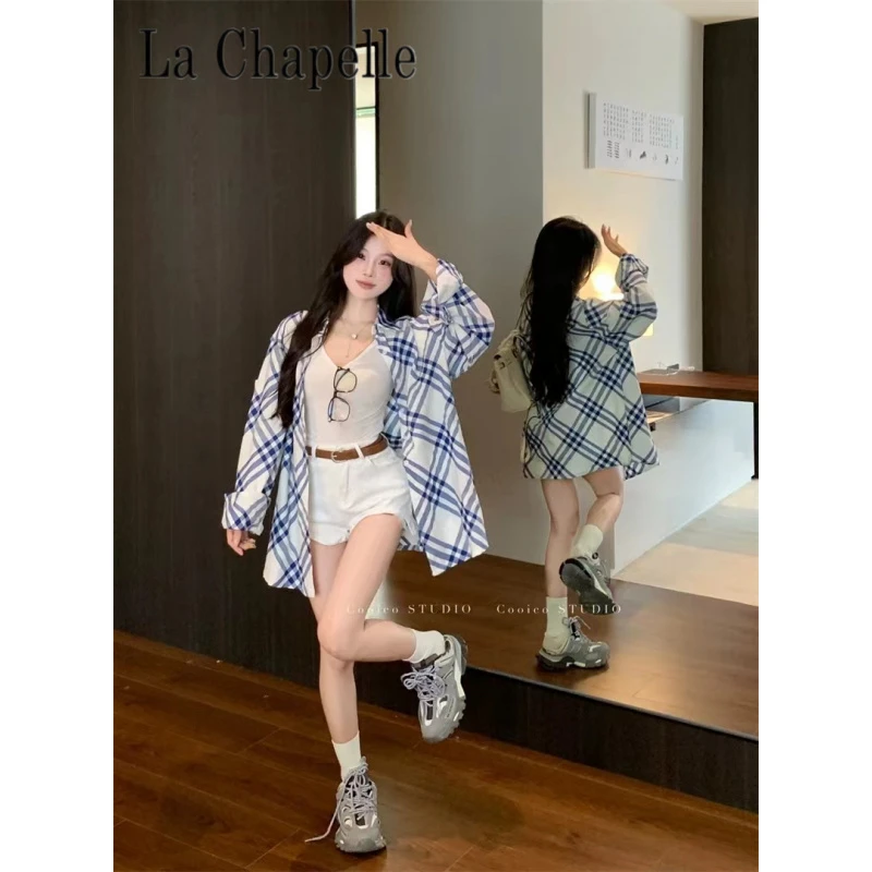 拉夏贝尔蓝色格子衬衫外套女秋季新款宽松休闲薄款爆款防晒衬衣