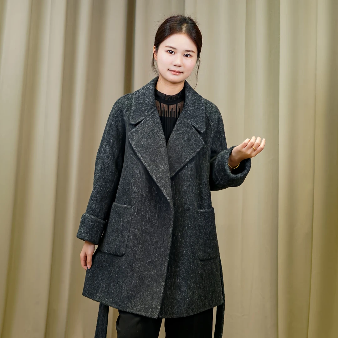 <旸谷young>西装领插肩袖中长兔毛腰带双面呢外套2025秋冬款女士