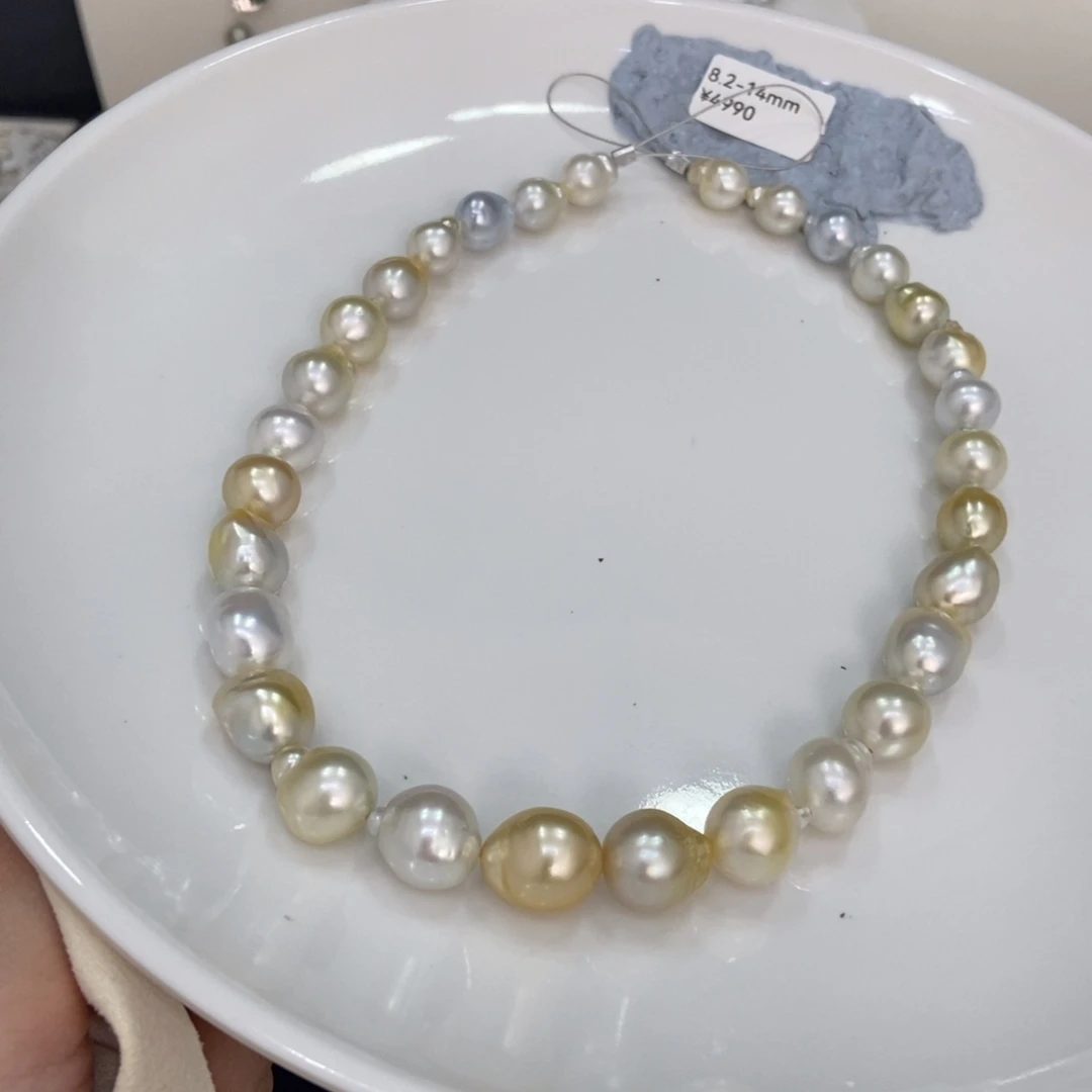 清***柠海水珍珠裸珠白金混彩项链8.2-14mm丸